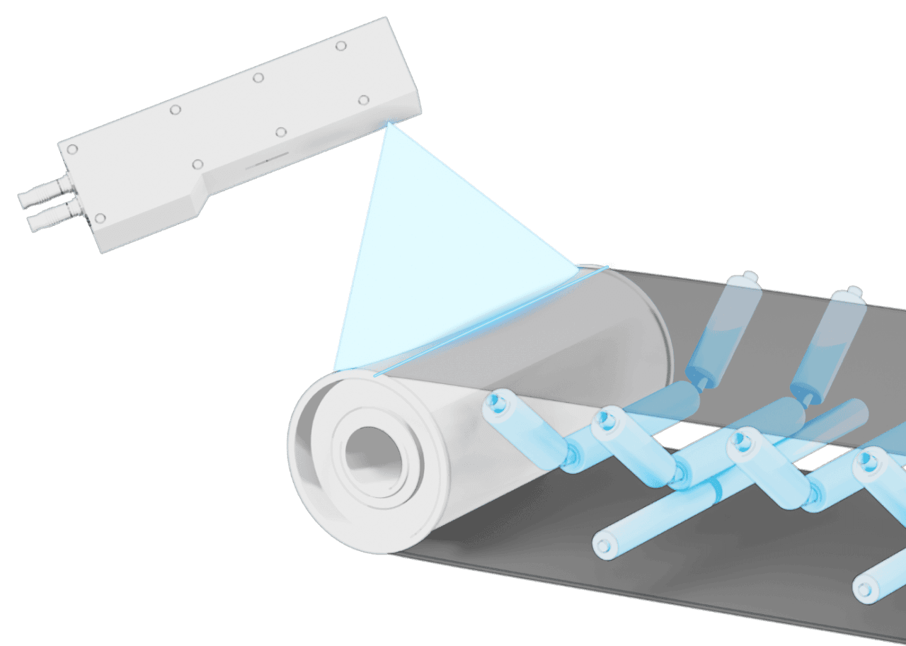 A belt monitoring sensor scanning a moving conveyor belt